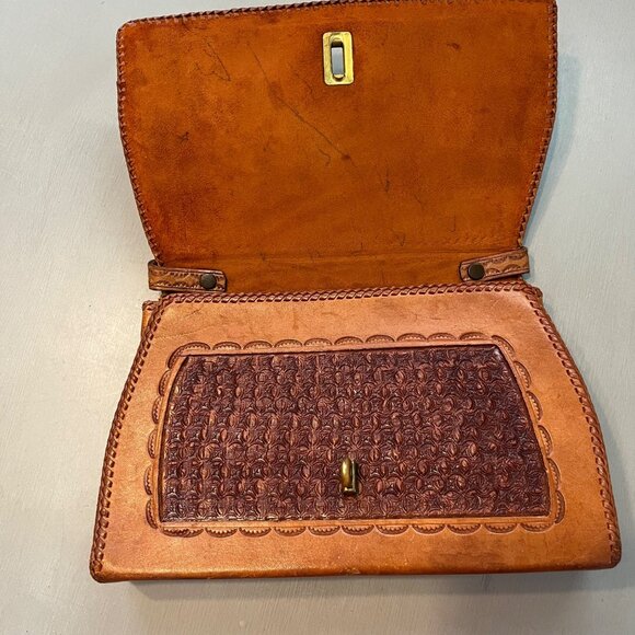 Vintage Tooled Cut Out Leather Handbag Purse Brown Green - Picture 5 of 15